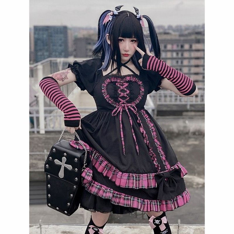 パンクゴシック原宿ブラックロリータopワンピースチェック柄ブラックノースリーブポリエステルロリータワンピースワンピース 通販 Lineポイント最大get Lineショッピング