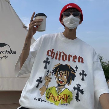 潮牌印花短袖t恤男夏季新款港風百搭寬松半袖衣服ins美式嘻哈體恤