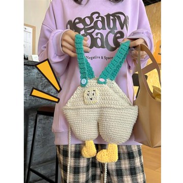 手工勾線織包成品手工diy古茗背帶褲蛋袋包奶茶包可愛斜挎針織包