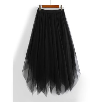 黑色紗裙女高腰不規則半身裙秋2025春夏小眾中長款a字網紗蓬蓬裙