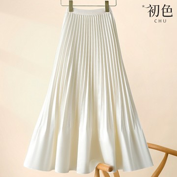 初色 法式時純色鬆緊帶高腰A字修身魚尾百褶裙中長裙半身裙-共3色-12329(M-2XL可選)