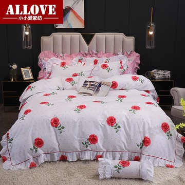 全棉被套玫瑰花床裙四件套1.5m1.8m床群圍裙純棉床裙床罩田園