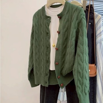 春秋季綠色圓領針織小外套毛衣外套上衣