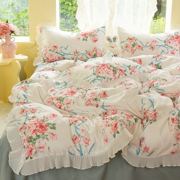 新款韓版蕾絲褶皺花邊碎花小清新四季棉學生宿舍家用親膚四件套