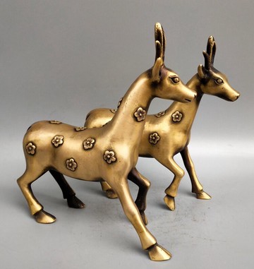 仿古純銅麋鹿擺件家居客廳辦公室裝飾品黃銅鎏金梅花鹿一對擺件