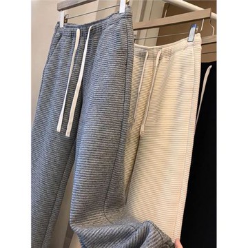 灰色糯米褲女秋冬加絨加厚垂感慵懶家居睡褲外穿闊腿休閑毛巾褲子