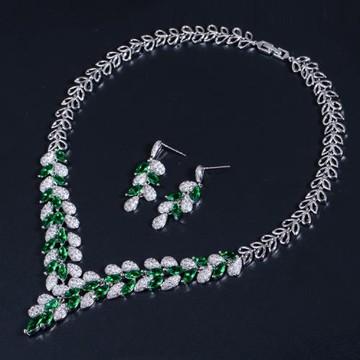 【Jpqueen】雙色葉片鋯石水鑽高貴婚宴耳環項鍊組(3色可選)