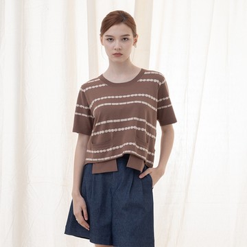 【MASTINA】兩側口袋設計短袖針織衫 白 咖 (魅力商品)