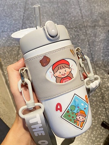 系兒童保溫杯帶吸管杯子女可愛少女心斜挎水杯簡約清新森系水壺