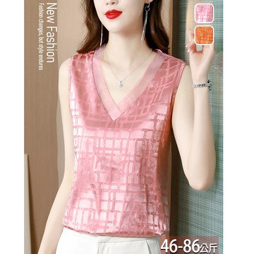 緞面上衣V領格紋網紗拼接(2色) M-4XL【207329W】【現+預】-流行前線-