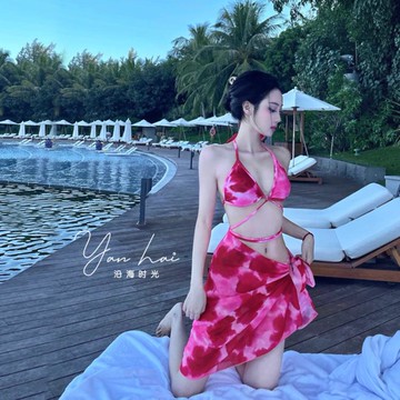 二三件式 泳衣女ins風歐美辣妹扎染性感分體比基尼三件套披紗 溫泉度假泳裝 三木優選