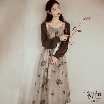 初色 中國風碎花印花收腰顯瘦無袖連身裙洋裝-花色-10520(M/L可選)