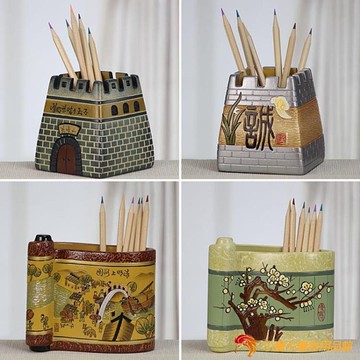 手工雕刻筆筒古風擺件手繪藝術中國風筆筒學生教師禮物【小獅子】推薦  