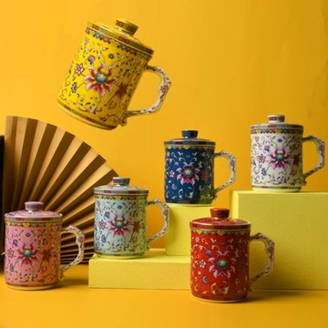 (免運)成藝陶瓷茶水分離杯過濾泡茶琺瑯彩宮禧杯辦公家用茶杯帶蓋禮盒