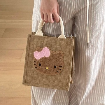 kitty手提包🎀 可愛凱蒂貓麻布袋上班遛彎棕色托特包 麻布包 大容量包包 可愛包包 亞麻包 購物包 貓咪包包 通勤包包