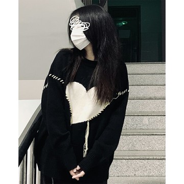 黑色愛心套頭毛衣女秋冬2022新款慵懶風設計感小眾寬松針織衫外套