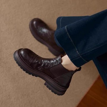 真皮厚底切爾西短靴女2025新款秋冬英倫風馬丁靴女通勤粗跟及踝靴