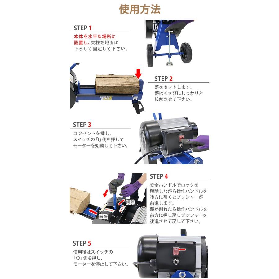 高速薪割り機 電動薪割り機 薪割り機 ログスプリッター 電動 高速破砕 破砕力約7t 最大対応薪サイズ直径約25cm長さ約52cm 消費電力約1500W 電源100V モーター 青