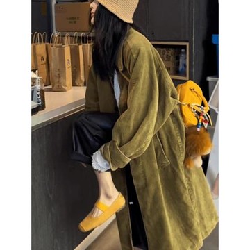 復古燈芯絨外套女秋冬2025新款韓版寬松休閑風衣女中長款外搭開衫