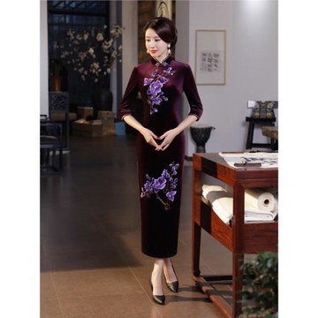 絲絨修身宴會演出服女裝直銷旗袍