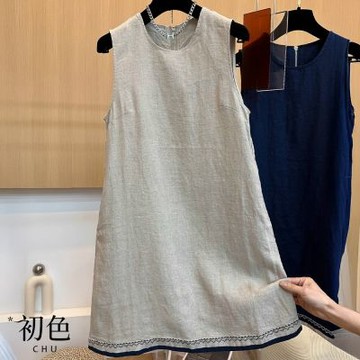 初色 復古簡約刺繡棉麻風寬鬆圓領無袖背心裙中長裙連衣裙連身洋裝長裙-共2色-13687(M-2XL可選)