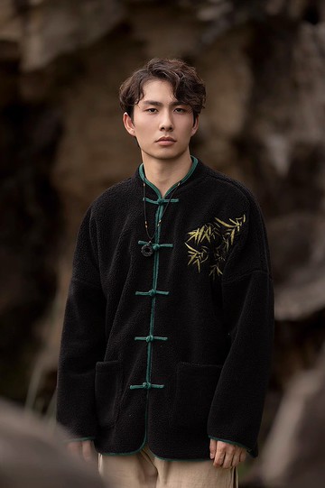 新中式復古 羊羔絨寬鬆外套 黑色