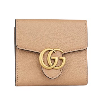 Gucci Marmont 金色標誌粒紋皮革釦式二折短夾(裸粉色)