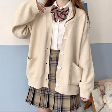 ✨U家女裝✨JK製服搭配毛衣外套針織開衫寬鬆燈籠袖女春秋 學院風v領外套上衣韓版寬鬆百搭 中長款外套針織開衫