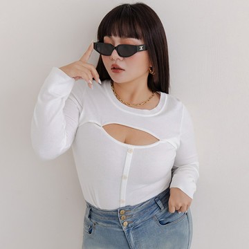 MUA!設計性感挖空假排釦針織長袖上衣 中大尺碼上衣
