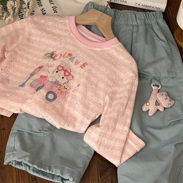 Mimo⭐早春女童粉色條紋卡通休閒長袖t恤寶寶寬鬆上衣兒童幼兒園衣服女