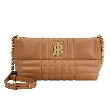 BURBERRY 8060901 LOLA 浮雕LOGO絎縫羊皮拉鍊斜背包.咖