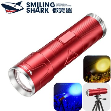 微笑鲨正品 强光手電筒 LED 專業釣魚燈 12檔位白黃藍紫光 帶電顯 Type-c充電 防水戶外釣魚露營 DY3029