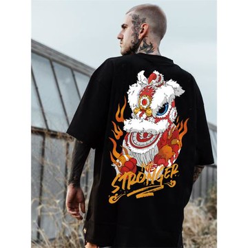 中國風潮牌醒獅頭短袖T恤男國潮oversize寬松大碼男裝夏季半袖潮