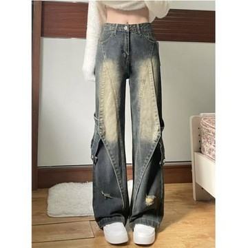 300斤加肥加大胖mm大碼美式復古窄版闊腿牛仔褲女寬松顯瘦直筒褲