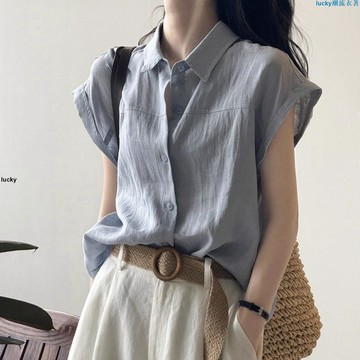 🌟新店優惠🌟2025夏季高端藍色短袖襯衫女夏通勤穿搭襯衣小飛袖無袖上衣高級感
