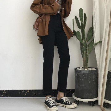 秋裝女裝腳口漸變高腰牛仔褲百搭修身彈力小腳褲學生直筒褲女1入