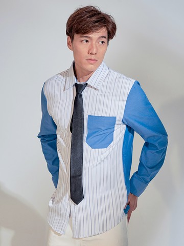 條紋拼接口袋長袖襯衫