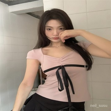 [限時特賣]T恤 短袖T恤 短袖上衣 女生上衣韓係綁帶蝴蝶結短袖T恤女夏季新款設計褶皺修身顯瘦短款上衣chic