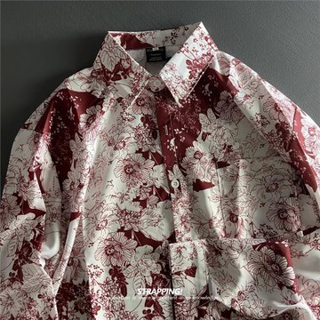 STRAPPING線描日式花卉碎花長袖花襯衫港風復古日系男女痞帥秋季