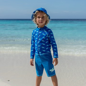 德國PlayShoes 抗UV長袖防曬防寒兒童連身泳裝-鯊魚 - 98/104