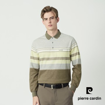 【pierre cardin 皮爾卡登】男款 質感條紋厚長袖POLO衫-黃色 (5255277-55)