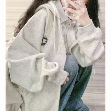 愛依依 衛衣外套 連帽外套 印花上衣 學院風S-2XL新款中長寬鬆學院風休閒上衣開襟拉鍊外套-9543.