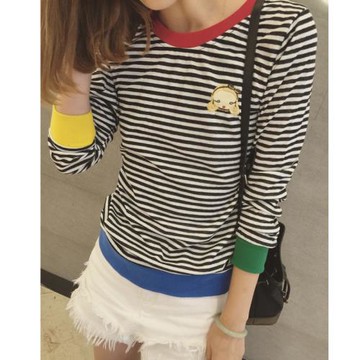 2025春秋新女 日系韓版寬松休閑條紋長袖T恤打底衫