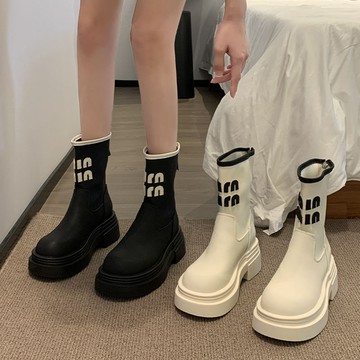 🔥臺灣出🔥歐洲站後拉鍊彈力靴女2025年新款厚底增高馬丁靴百搭英倫風瘦瘦靴