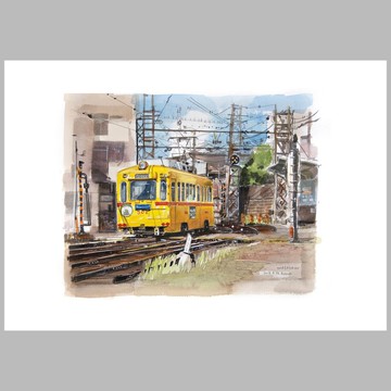 2012 年路面電車水彩素描：行駛於專用軌道的黃色電車