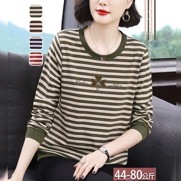 圓領條紋燙鑽幸運草上衣(4色) M-4XL【596403X】【現+預】☆流行前線☆