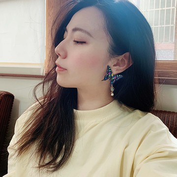 耳環 玫瑰青斑鳳蝶  刺繡 手工 蝴蝶 珍珠 耳夾 禮物 生日