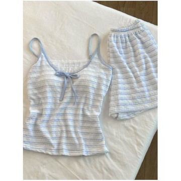 全館特價 高品質 🛒 夏季女生睡衣 涼快居家服 可外出藍色條紋帶胸墊吊帶睡衣套裝女夏季款性感純欲蕾絲背心短褲家居服
