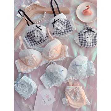(免運)新品 日系甜美少女可愛小清新蕾絲聚攏薄杯文胸套裝 女士內衣內褲