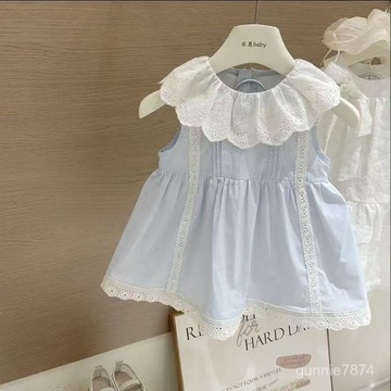 【夏日公主穿搭】夏季女童藍色花邊領娃娃裙寶寶純棉洋氣連衣裙公主無袖背心裙女童裙子 中小童 短袖連身裙 女童洋裝